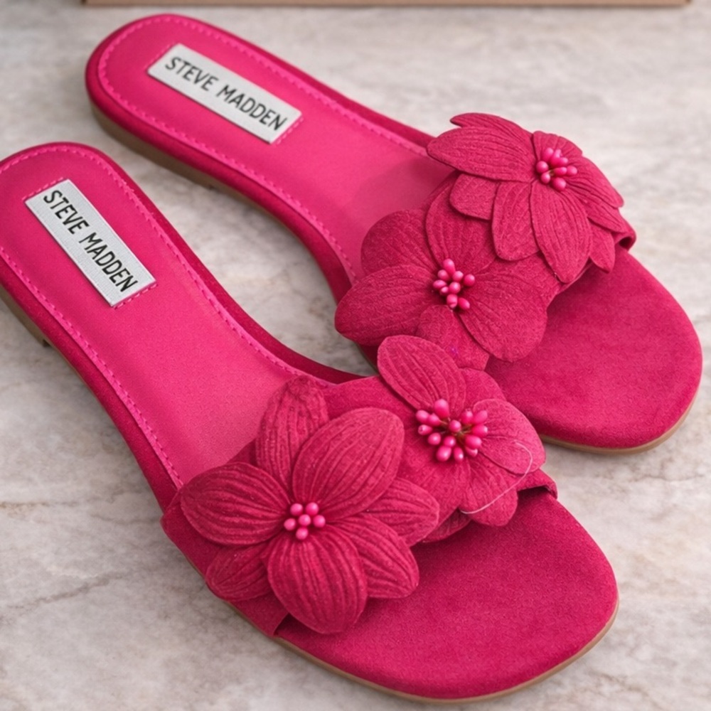 Steve Madden Hot Pink Suede Flower and Beaded Slides